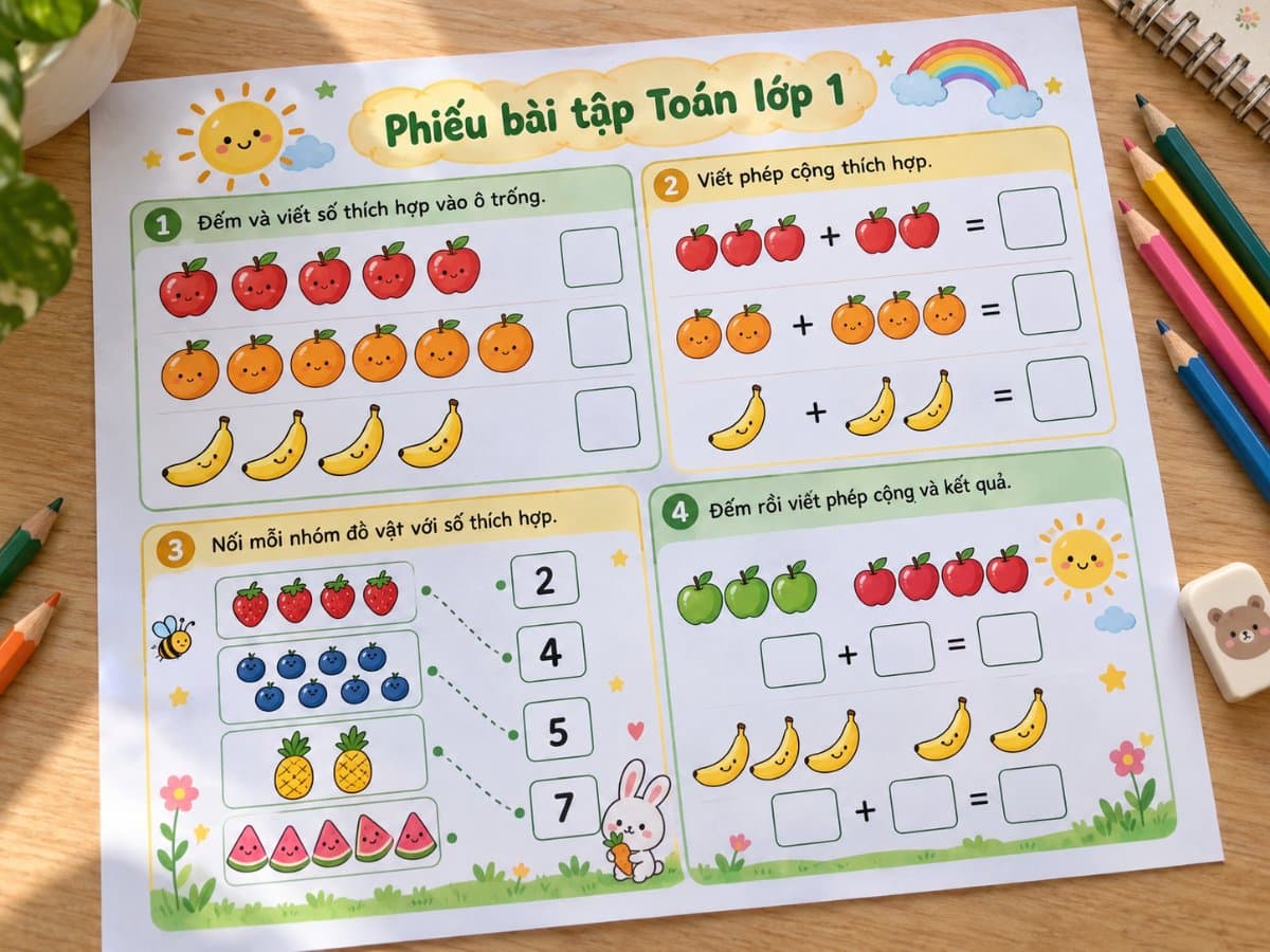 Phiếu học tập & đề: Toán lớp 1 có hình